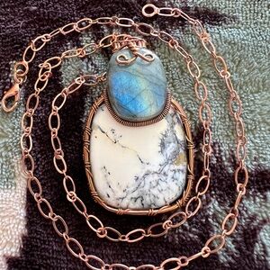 ❤️ Large Dendrite Opal & Howlite Copper Wire Pendant & Paperclip Chain